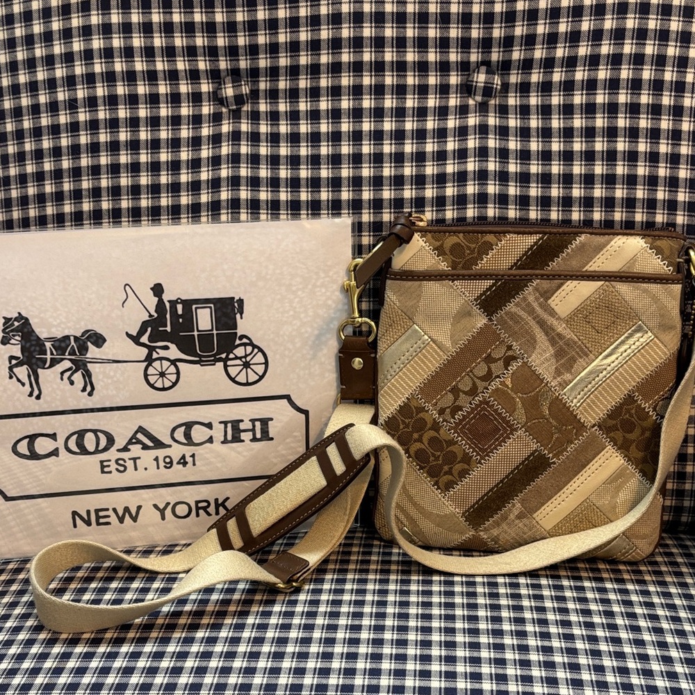 Coach signature Brown and Cream “file” Patchwork crossbody Bag